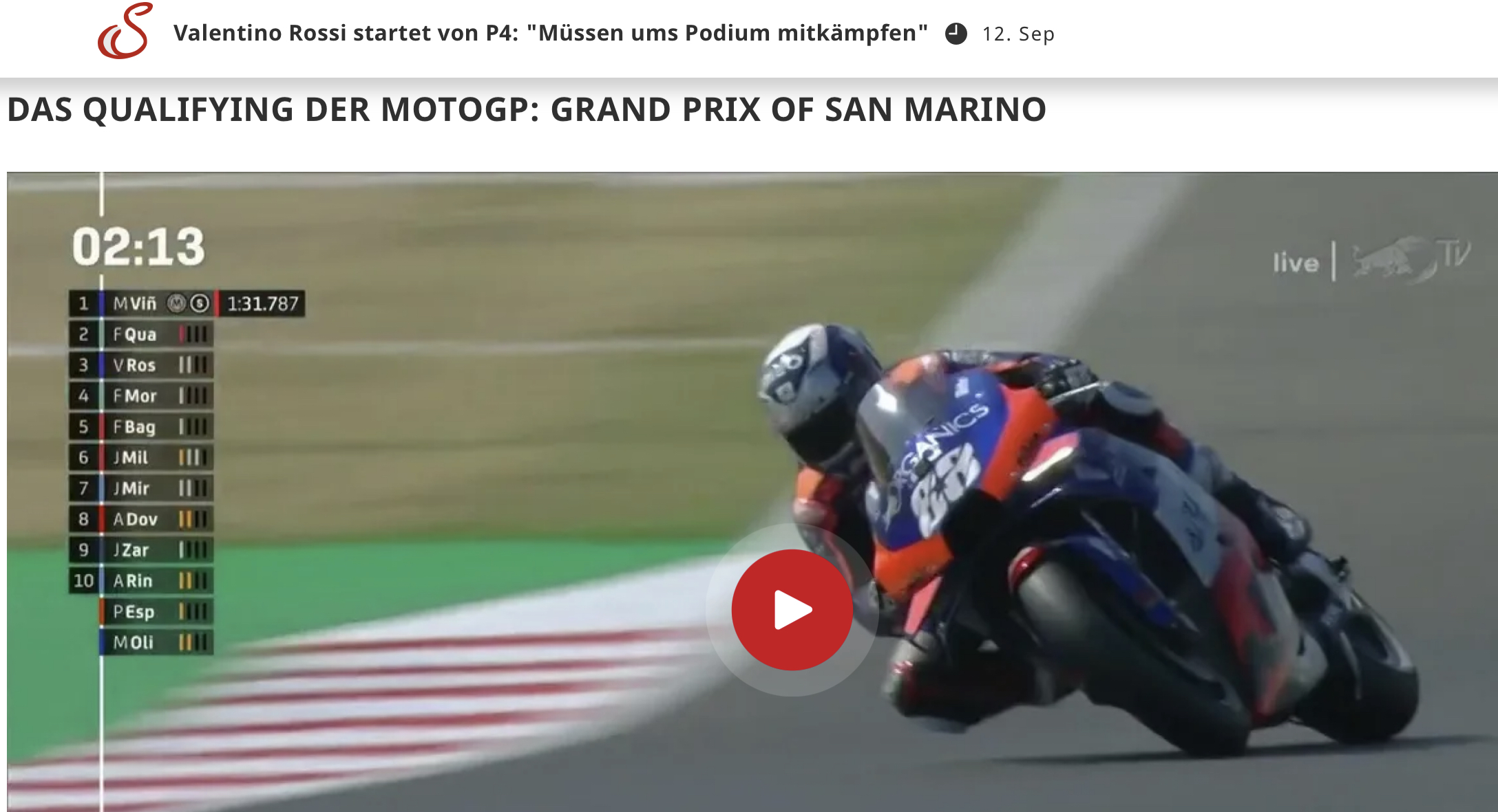 Servus TV MotoGP Startaufstellung Misano Sonntag 1400 Motorradreporter