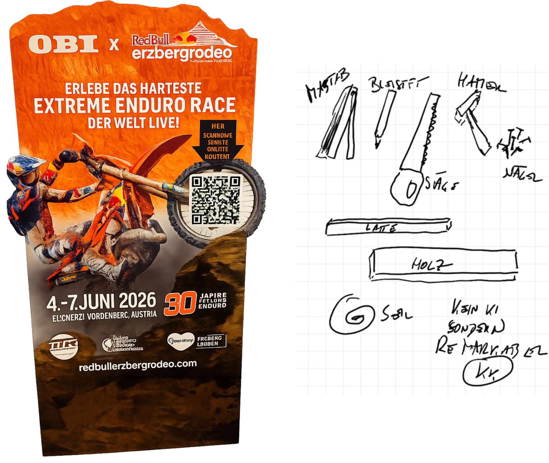 OBI - Burnout Rampe - Skizze Motorradreporter - Maßstab Bleistift Säge Hammer Nägel Holzlatte Holzbrett Seil