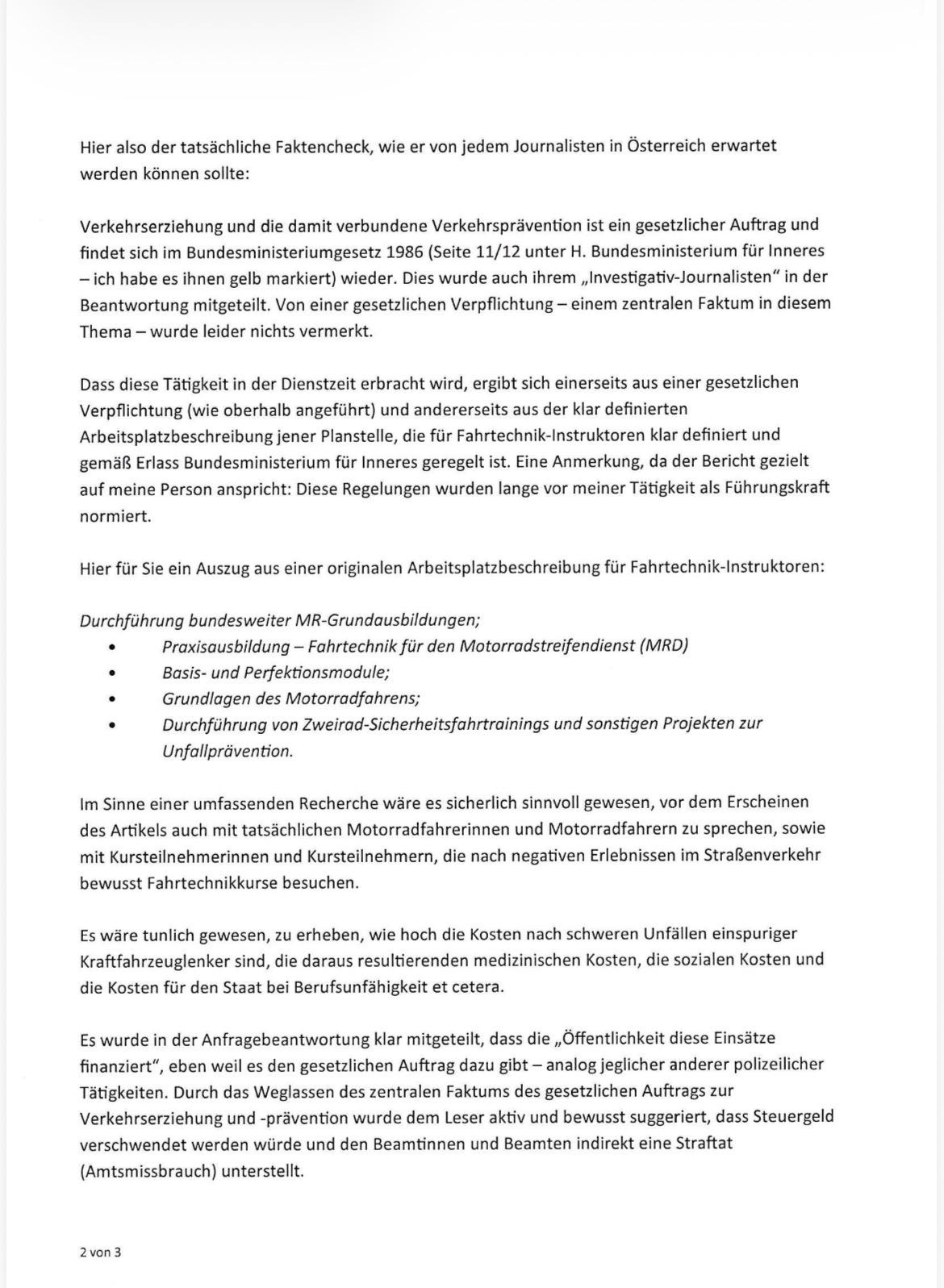 POLIZEI - BMI Antwort Schreiben zum Profil Artikel 11-2025 Motorradreporter  Michael Takács