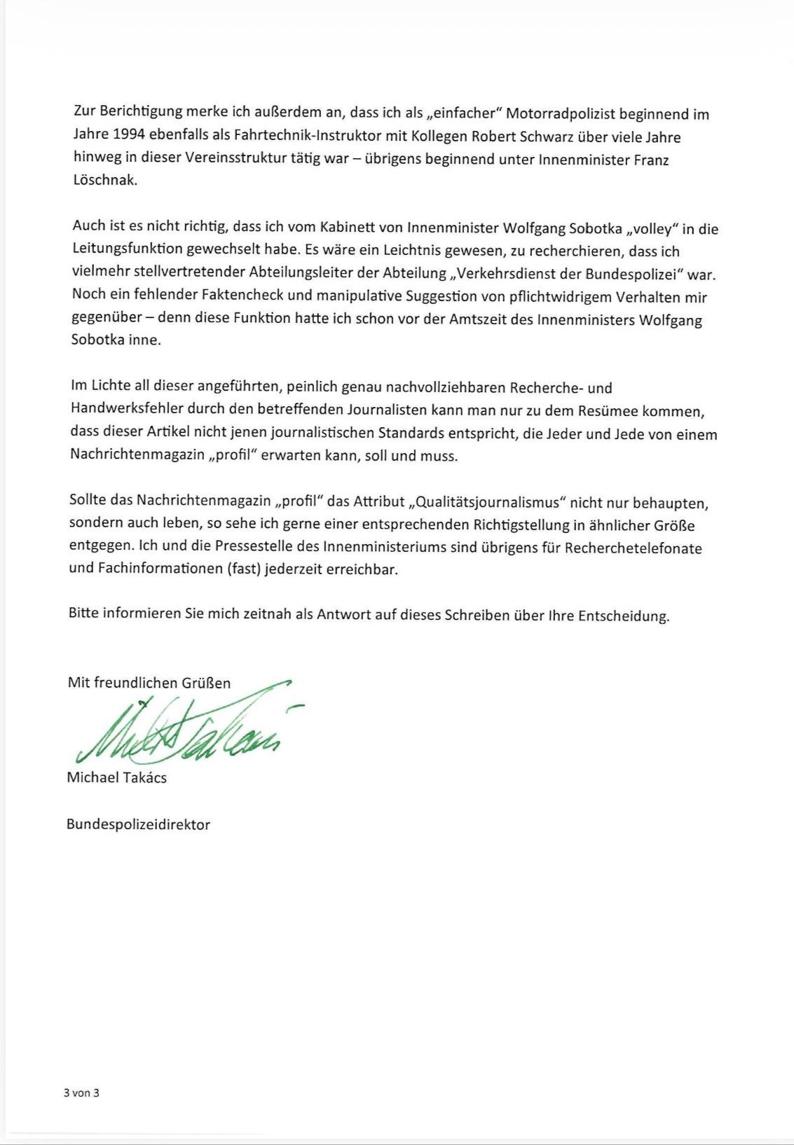 POLIZEI - BMI Antwort Schreiben zum Profil Artikel 11-2025 Motorradreporter  Michael Takács