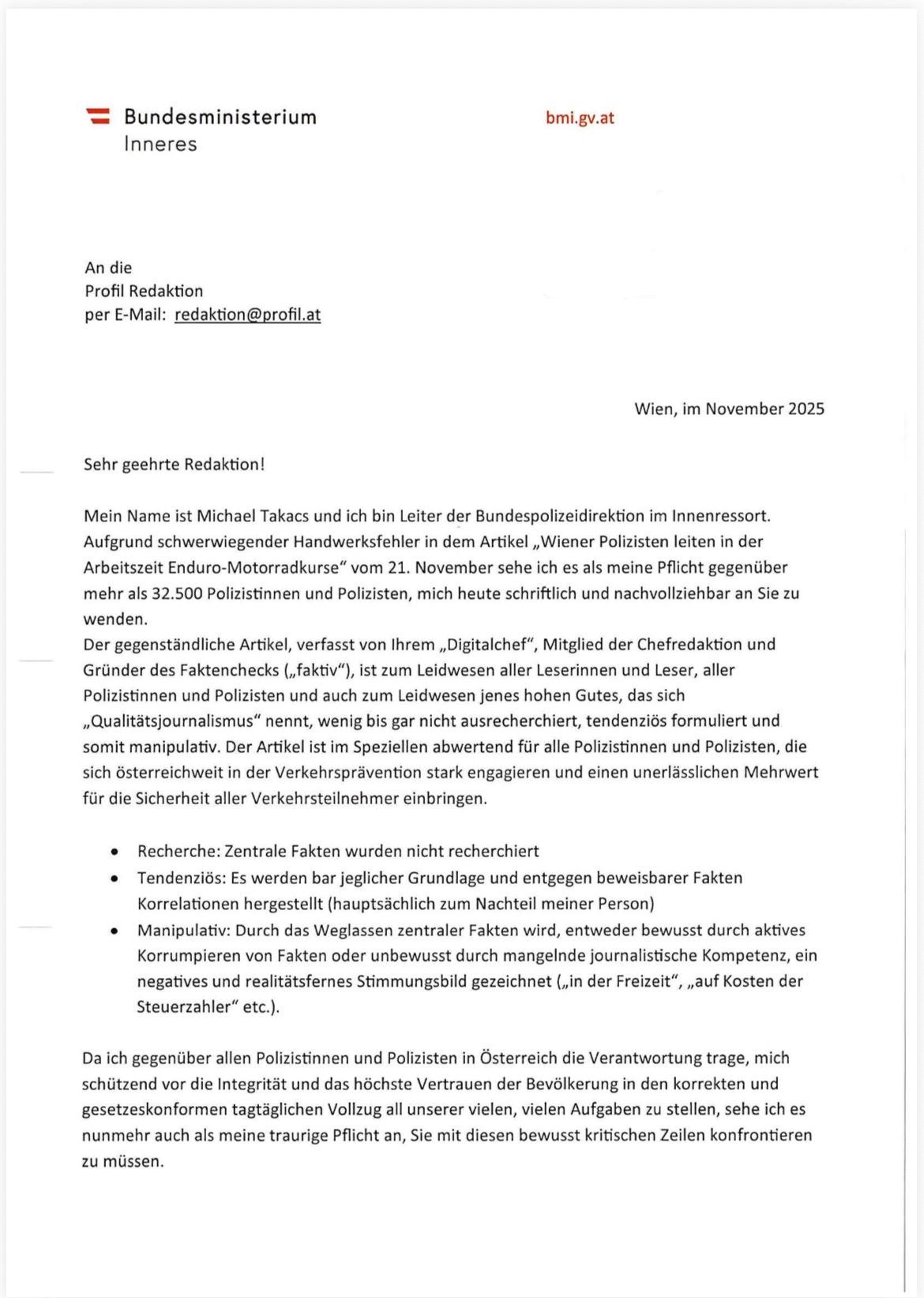 POLIZEI - BMI Antwort Schreiben zum Profil Artikel 11-2025 Motorradreporter  Michael Takács