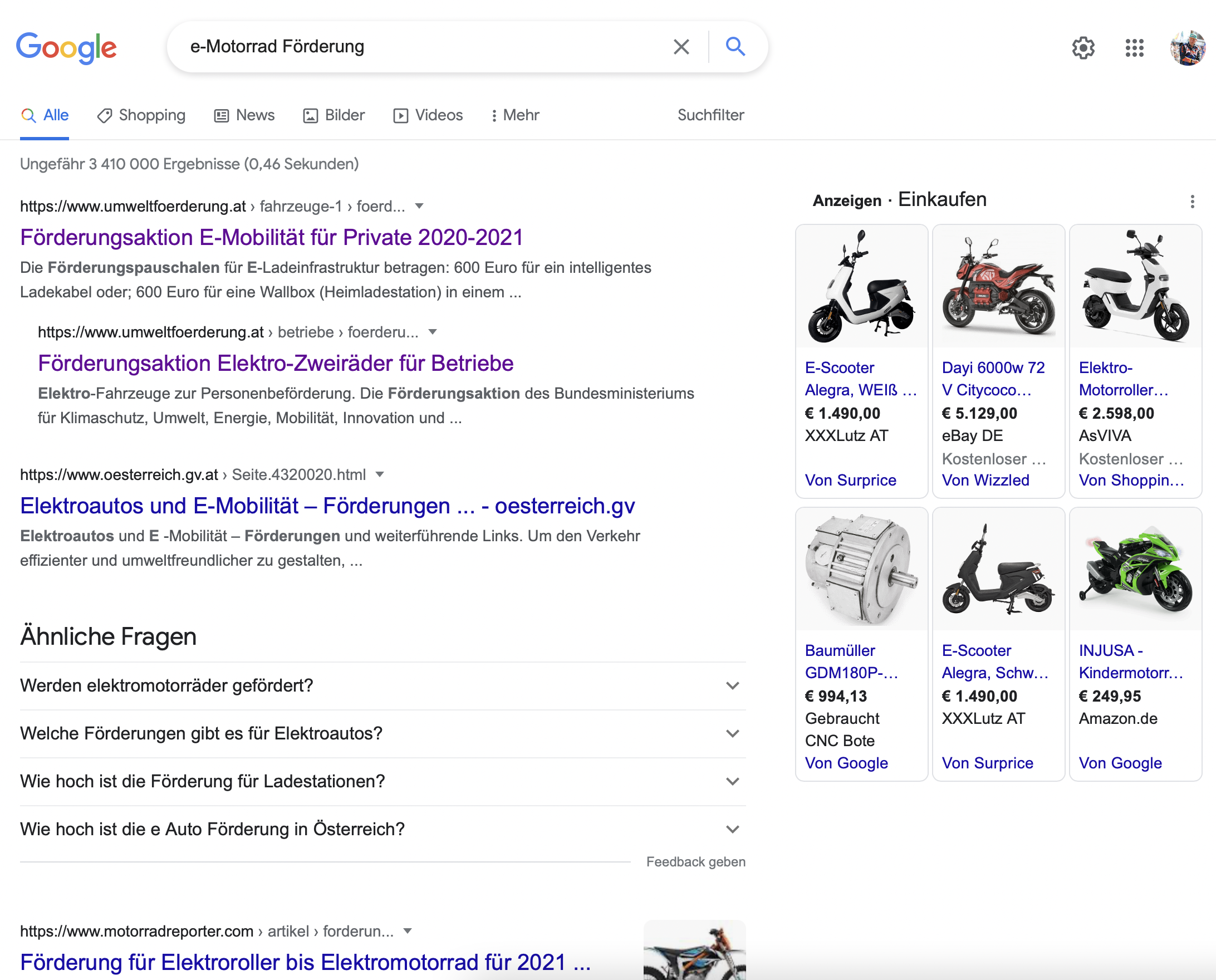 Google Suche E-Motorrad Förderung
