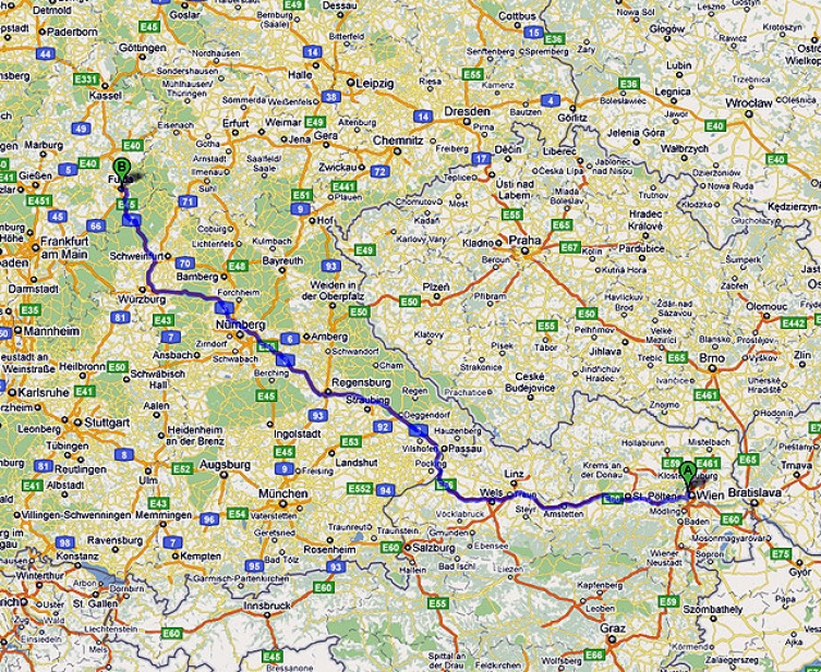 Auch auf Achse locker zu packen: Wien - Fulda 697 km  /// © Google Maps