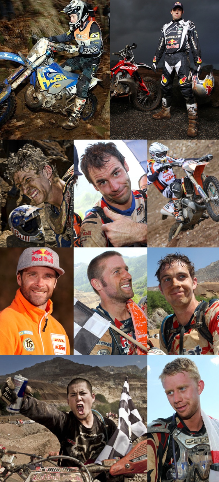 Die Erzbergrodeo Top-Guns (von links oben): Graham Jarvis (UK), Dougie Lampkin (UK), Chris Birch (NZL), Andreas Lettenbichler (GER), Darryl Curtis (RSA), Johnny Aubert (FRA), Paul Bolton (UK), Ben Hemingway (UK), Taichi Tanaka (JPN), Cory Graffunder (CAN)