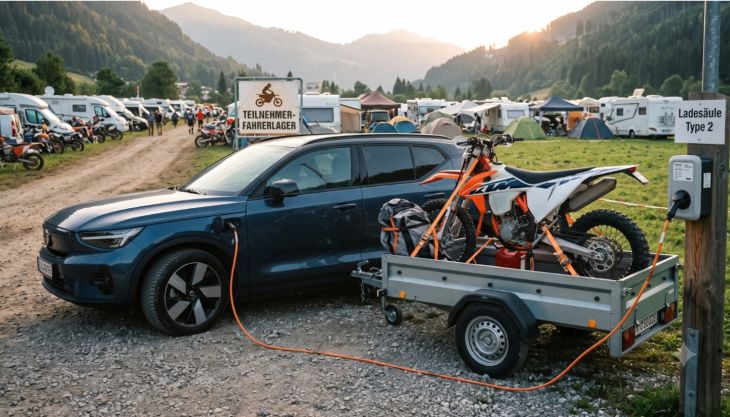 Stromladen, ...Enduro im Hänger, E-Auto davor: So klappt die Anreise zum Event ohne Lade-Stress!