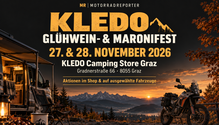 Mit dem Campingbus zum Red Bull Erzbergrodeo, mit dem Wohnmobil ins Fahrerlager oder auf mehrtägige Enduro-Reise: Wer Motorradfahren und Camping verbindet, kann sich den 27. und 28. November 2026 vormerken. KLEDO lädt in Graz zum Glühwein- & Maronifest – mit Aktionen im Shop und auf ausgewählte Fahrzeuge.