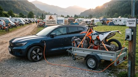 Stromladen, ...Enduro im Hänger, E-Auto davor: So klappt die Anreise zum Event ohne Lade-Stress!