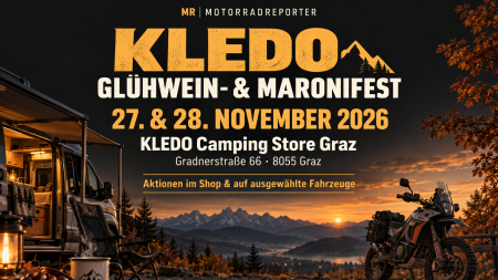 Mit dem Campingbus zum Red Bull Erzbergrodeo, mit dem Wohnmobil ins Fahrerlager oder auf mehrtägige Enduro-Reise: Wer Motorradfahren und Camping verbindet, kann sich den 27. und 28. November 2026 vormerken. KLEDO lädt in Graz zum Glühwein- & Maronifest – mit Aktionen im Shop und auf ausgewählte Fahrzeuge.